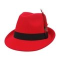 Close-up of red wool fedora hat featuring a black grosgrain band and a dark red feather - Red