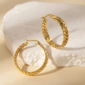 Chic woven texture gold hoop earrings in stainless steel on a natural stone base - Wheat Hoop Earrings (BJGE0867) / Gold
