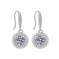 Elegant silver halo drop earrings with brilliant round faux moissanite center stone - TED284-Round Halo Drop Earrings