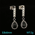 Pendientes vintage de acero inoxidable en forma de gota con piedras negras y perlas - Plata-Negro