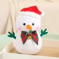 Plush Christmas snowman doll with red hat and bow tie on wooden tray decoration - Red and Green Striped Bowtie Style / 20cm