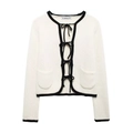 Eleganter beiger Strickcardigan mit schwarzen Kontrastkanten und Schleifendetails - S / Gebrochenes Weiß