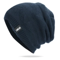 Dark blue winter beanie with wavy knit texture, warm plush lining, and SPORT label - One Size / Navy Blue