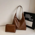 Brown vintage hobo bag with silver studs and a matching zippered pouch set - Coffee with Studs