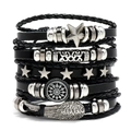 Men's multi-layer black leather bracelet set with silver wing and star charms on white background - Five-Piece Set