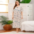 Plus size short sleeve floral nightgown in beige with blue prints and lace trim - XL / Apricot Blue Floral