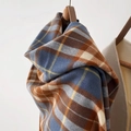 Detailed macro view of vintage plaid pattern and soft brushed texture of the warm winter scarf - Thickened Long Style with Tassels / Blue Brown Mix(06308)