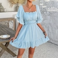 Light blue square neck mini dress with puff sleeves and ruffled hem for summer vacation - S / Blue