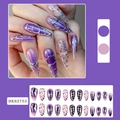 Purple almond press-on nails with silver glitter lines and floral gradient design - BKS2753 Purple Flowers