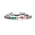 Detailed shot of multi-color clay bead bracelet with white cross and adjustable black cord - Woven Style / Color 14
