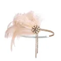 1920s vintage feather headband in apricot pink with champagne rhinestone flower detail - Beige Feather Pearl Rhinestone