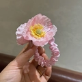 Pink silk faux rose hair scrunchie with elastic pleated band and yellow stamens - 308 Flower Scrunchie - Pink