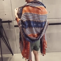 Ethnic style long scarf with navy blue and orange geometric patterns and tassel edges - Navy Blue Contrast Geometric Style (37130)