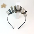 Macro shot of natural crystal crown headpiece with black moon pendant detail - Black Rutilated Quartz Black Wire Moon
