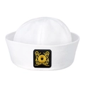 Classic white sailor hat featuring a detailed gold anchor embroidery on black patch - Black Badge Golden Anchor