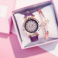 Detail of purple leather watch with rhinestone floral dial and rose gold star charm bracelet - Floral Watch + Bracelet Set / Purple