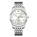 Detail of silver stainless steel business watch with gold-tone hands and day-date display - Silver Steel Band White Dial