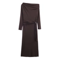 Brown long-sleeve maxi dress with asymmetric neckline and waist buckle detailing - S / Coffee