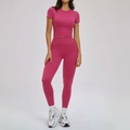 Rose pink seamless ribbed yoga set featuring crop top and high waist leggings - S / Short Sleeve + Pants — Plum Red