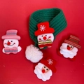 Detail of green knitted Christmas pet scarf with cartoon snowman and Santa patches - Green (LED Light)