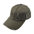 Detail of distressed olive green baseball cap showing worn edges and washed cotton texture - Army Green