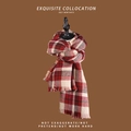 Classic plaid winter scarf in red, brown, and off-white with elegant fringe details - Witch Plaid Red Beige Check