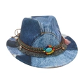 Vintage denim fedora in gewassen blauw met etnische geweven band en turkoois kralen - Kindermaat (Deuk in kroon) / Lichtblauw (M Denim Etnische Stijl)