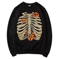 Black crewneck sweatshirt with creative Halloween skeleton rib and pumpkin head print - S / Tops / Black (Pumpkin Skeleton Ribs)
