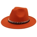 Close-up of orange wool fedora hat with gold metal chain and black braided ribbon detail - M (56-58cm) / Caramel (Black Chain Decor)