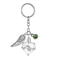 Silver heart urn keychain with angel wings and green gem for pet memorial jewelry - White