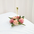 Detail of pink silk roses and hydrangea flowers around a golden metal candlestick stand - Lotus Pink