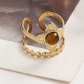 Double-layer golden flower ring with brown tiger eye stone and adjustable open band - Brown