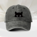 Detailed view of charcoal washed denim baseball cap with white eye cat embroidery - Black
