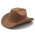 Brown wool felt Western cowboy hat with decorative beaded cord and wide curved brim - M (56-58cm) / Khaki