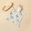 Detail of baby cotton muslin security blanket with bunny head and leaf pattern - Vine