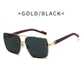 Gold and black oversized sunglasses with double bridge and dark wood grain temples - Gold Frame Black Grey