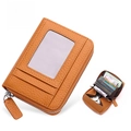 Brown leather accordion card holder with RFID blocking and clear ID window for women - JP-6002 Style / Caramel color