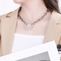 Silver thick chain necklace with rhinestone round pendant on female model - Steel Necklace (KN226259-Z)
