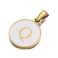 Round stainless steel pendant with white enamel inlay featuring golden letter Q detail - Letter Q