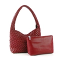 Dark red hand-woven shoulder bag set with a matching smooth leather zipper pouch - Shoulder Bag Set / Red