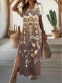 Robe longue bohème à col en V, fente latérale et imprimé floral marron vintage - café