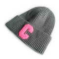 Grey ribbed knit beanie featuring a large pink velvet letter C patch on the front - Gray