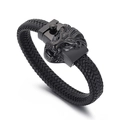 Pulsera para hombre de cuero trenzado negro con cierre de cabeza de león de acero - 19cm / Negro (KB150800-KFC)