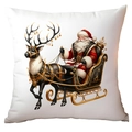Christmas pillowcase with Santa Claus and reindeer in black and gold on white background - Santa Driving Sleigh