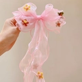 Pink tulle ribbon bow hairband with colorful felt flowers and long streamers - Pink Long Streamer Bow (F8109-2)