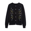 Gilet en tricot noir pour femme avec broderies florales délicates et col rond - S / Noir