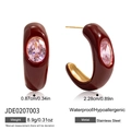 Detail view of burgundy C-shaped stainless steel hoops with pink zircon and dimensions - Wine Red Thick Hoop Rhinestone Earrings (JDE0207003)