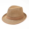 Atmungsaktiver brauner Strohhut im Fedora-Stil mit Dekoband und Stoffeinfassung - Khaki / 58cm