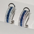 Elegant J-shaped silver earrings with three rows of deep blue and white cubic zirconia - Blue