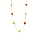 Detail of long stainless steel necklace with red square Czech glass and gold beads - Gold Red Glass Style (TXP279)